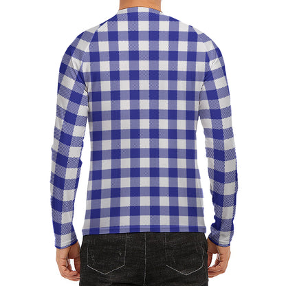Indigo Blue And White Gingham Print Men's Long Sleeve Rash Guard
