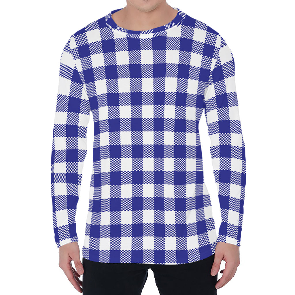 Indigo Blue And White Gingham Print Men's Long Sleeve T-Shirt