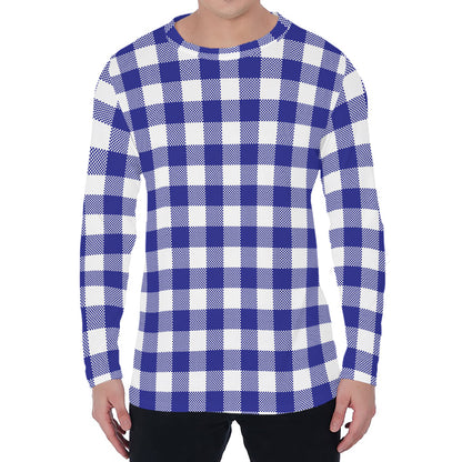 Indigo Blue And White Gingham Print Men's Long Sleeve T-Shirt