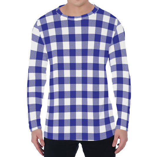 Indigo Blue And White Gingham Print Men's Long Sleeve T-Shirt