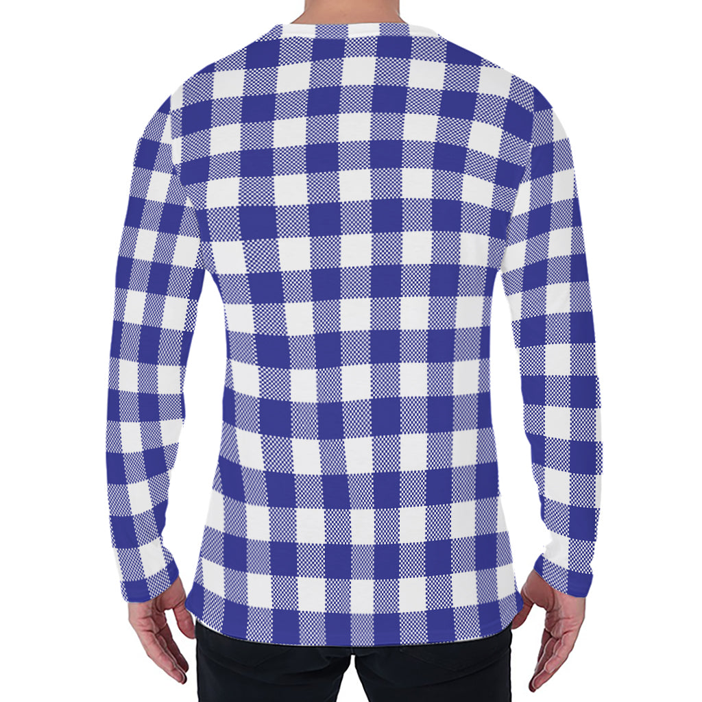 Indigo Blue And White Gingham Print Men's Long Sleeve T-Shirt