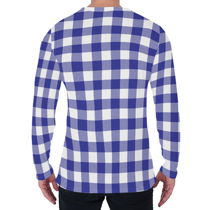 Indigo Blue And White Gingham Print Men's Long Sleeve T-Shirt