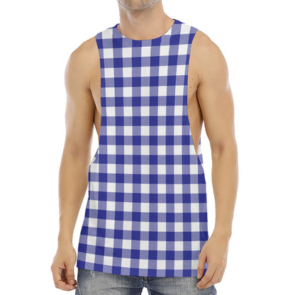 Indigo Blue And White Gingham Print Men's Muscle Tank Top