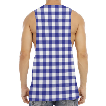 Indigo Blue And White Gingham Print Men's Muscle Tank Top