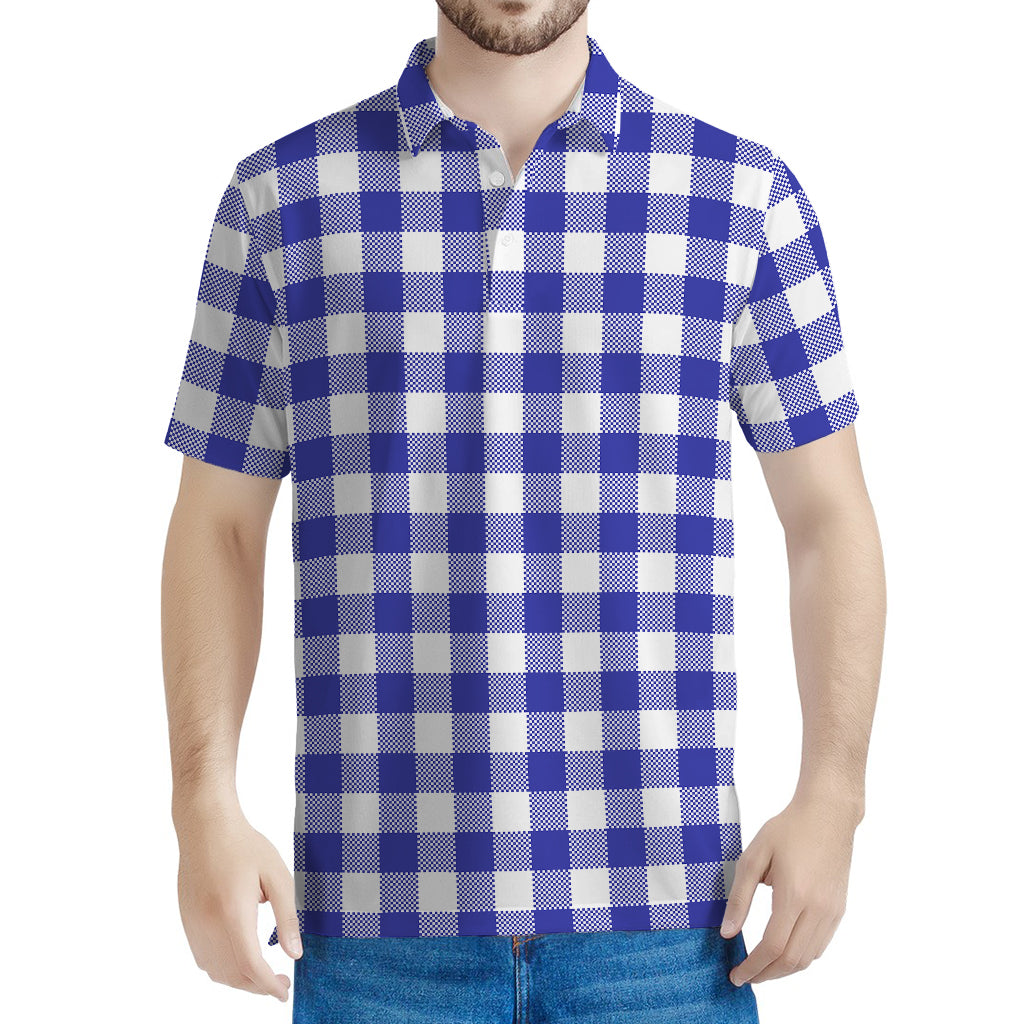 Indigo Blue And White Gingham Print Men's Polo Shirt