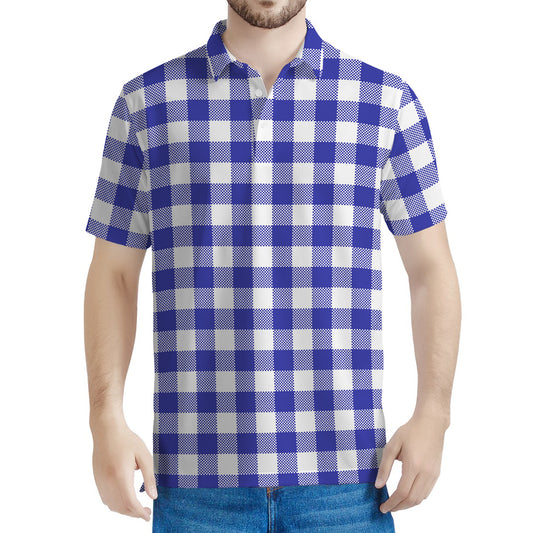 Indigo Blue And White Gingham Print Men's Polo Shirt