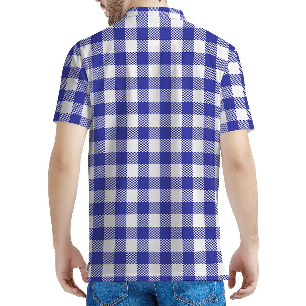 Indigo Blue And White Gingham Print Men's Polo Shirt