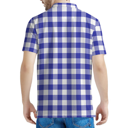 Indigo Blue And White Gingham Print Men's Polo Shirt