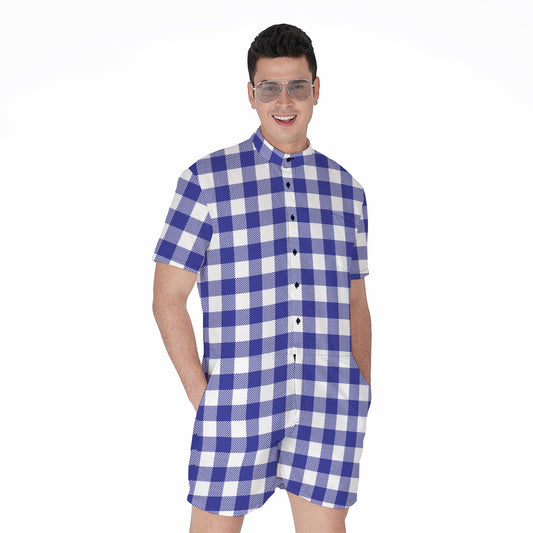 Indigo Blue And White Gingham Print Men's Rompers