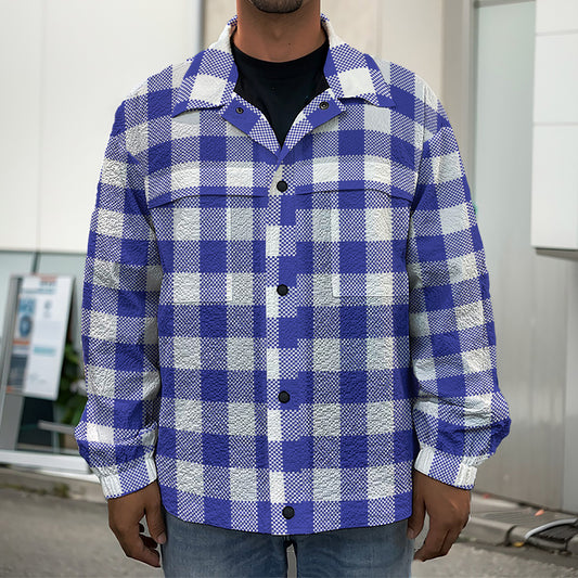 Indigo Blue And White Gingham Print Men's Shirt Jacket