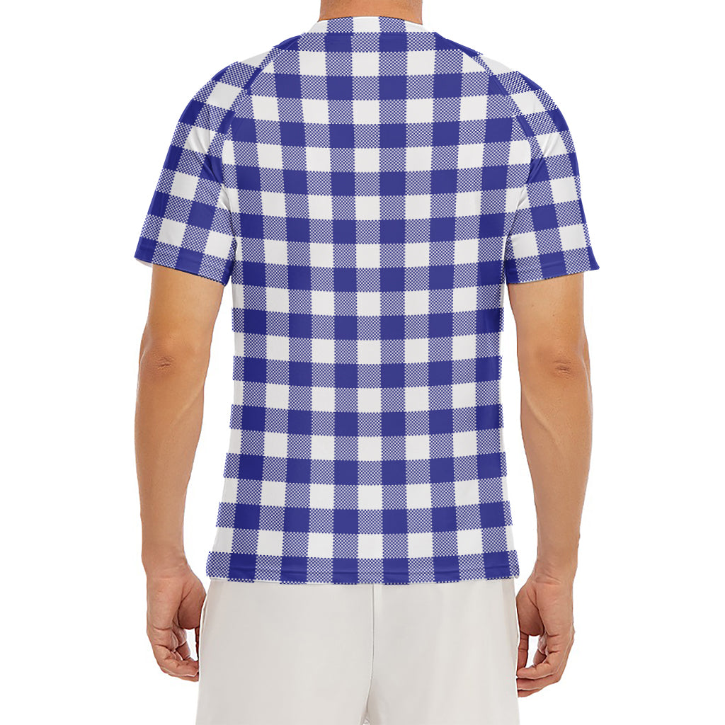 Indigo Blue And White Gingham Print Men's Short Sleeve Rash Guard
