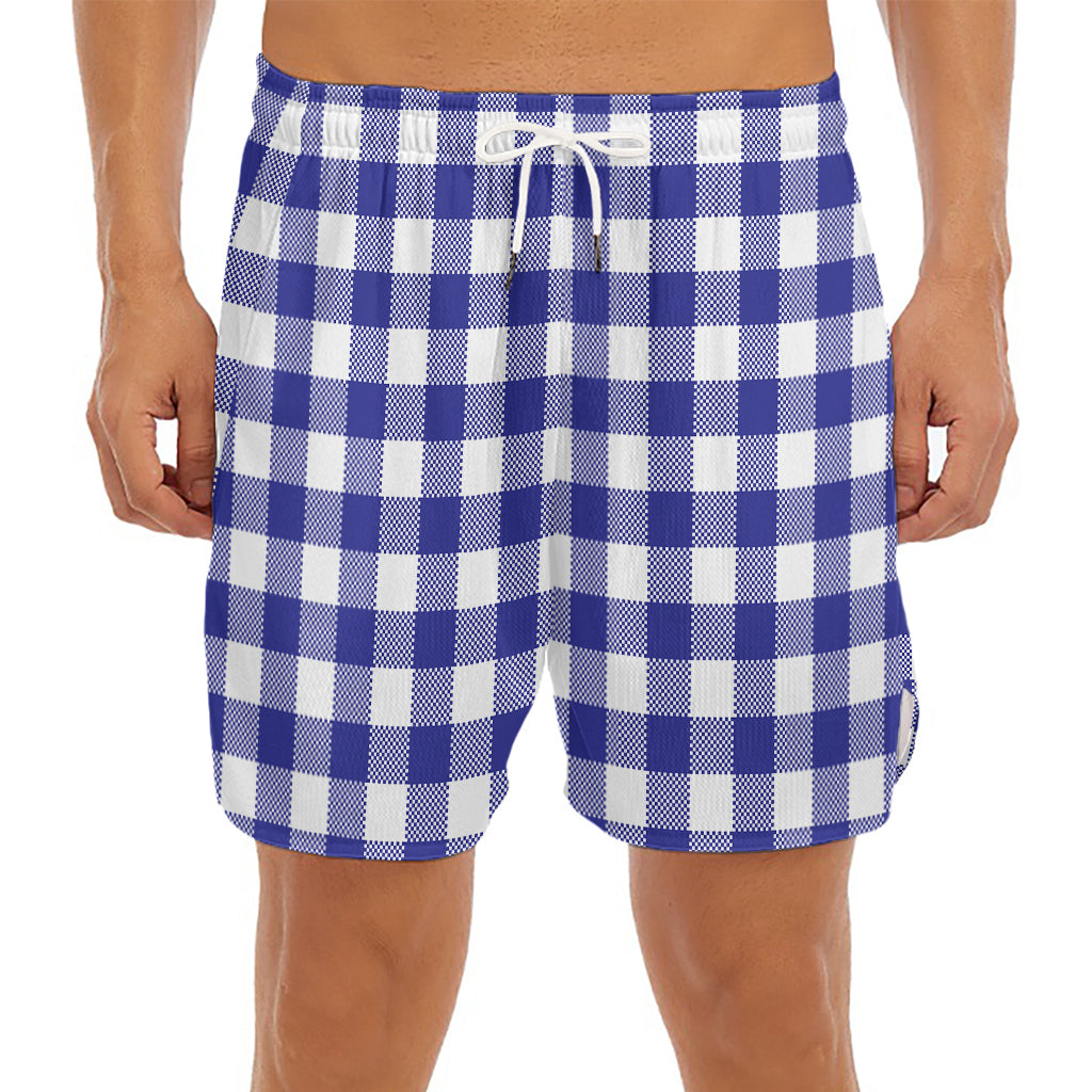 Indigo Blue And White Gingham Print Men's Split Running Shorts