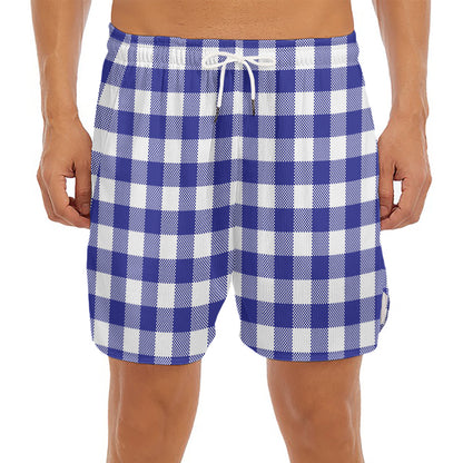 Indigo Blue And White Gingham Print Men's Split Running Shorts