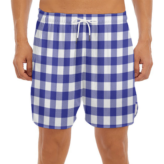 Indigo Blue And White Gingham Print Men's Split Running Shorts