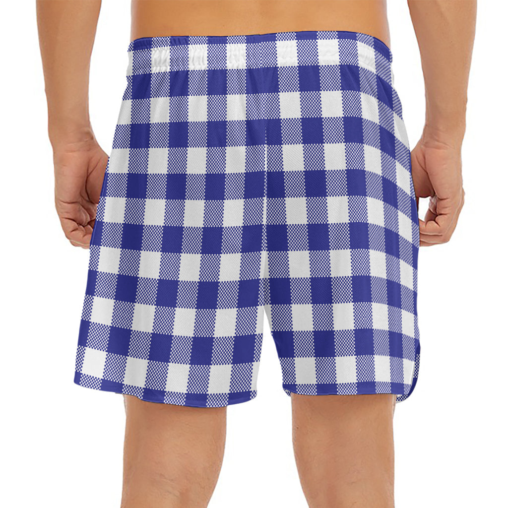 Indigo Blue And White Gingham Print Men's Split Running Shorts