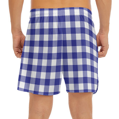 Indigo Blue And White Gingham Print Men's Split Running Shorts