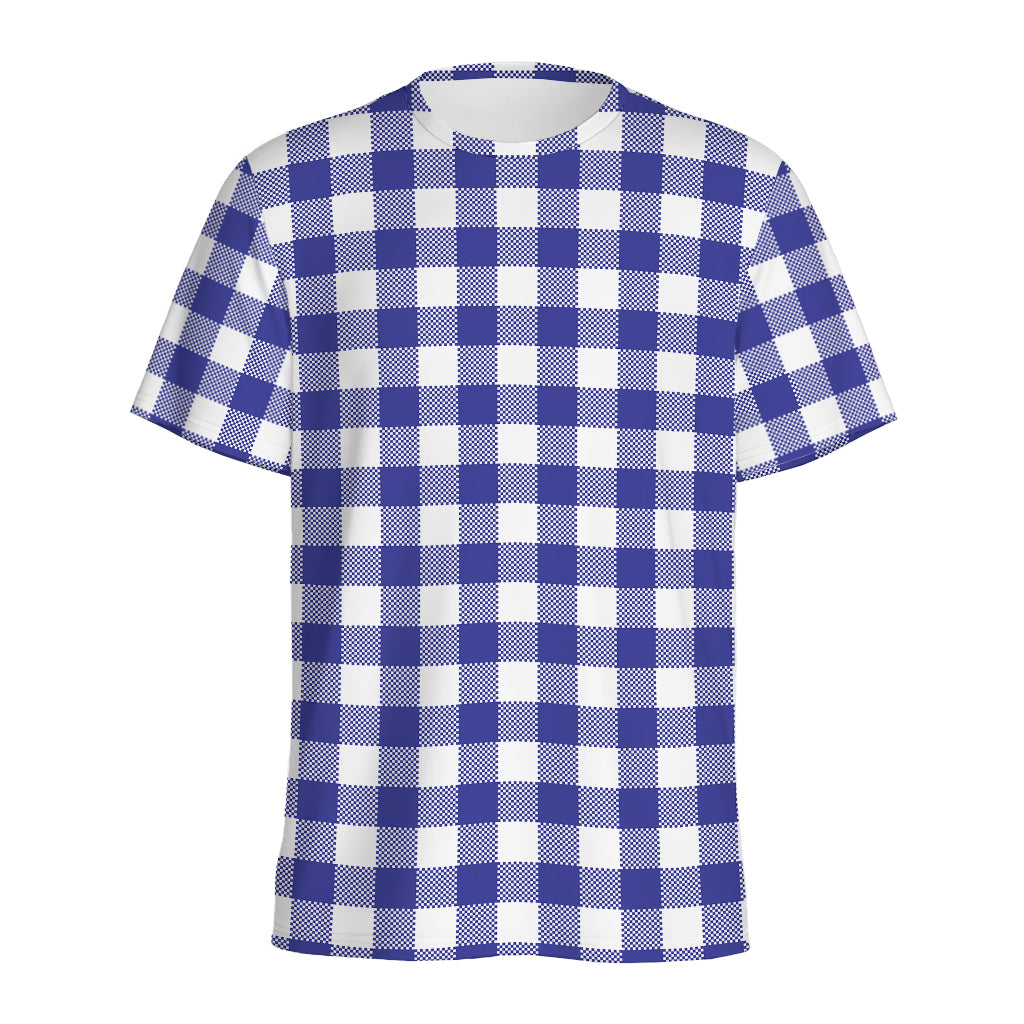 Indigo Blue And White Gingham Print Men's Sports T-Shirt