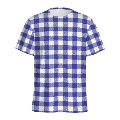 Indigo Blue And White Gingham Print Men's Sports T-Shirt