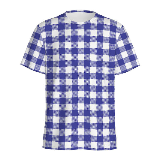 Indigo Blue And White Gingham Print Men's Sports T-Shirt