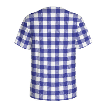 Indigo Blue And White Gingham Print Men's Sports T-Shirt