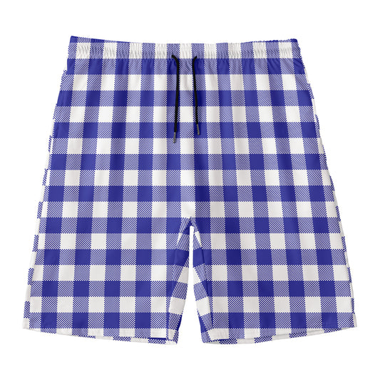 Indigo Blue And White Gingham Print Men's Swim Trunks