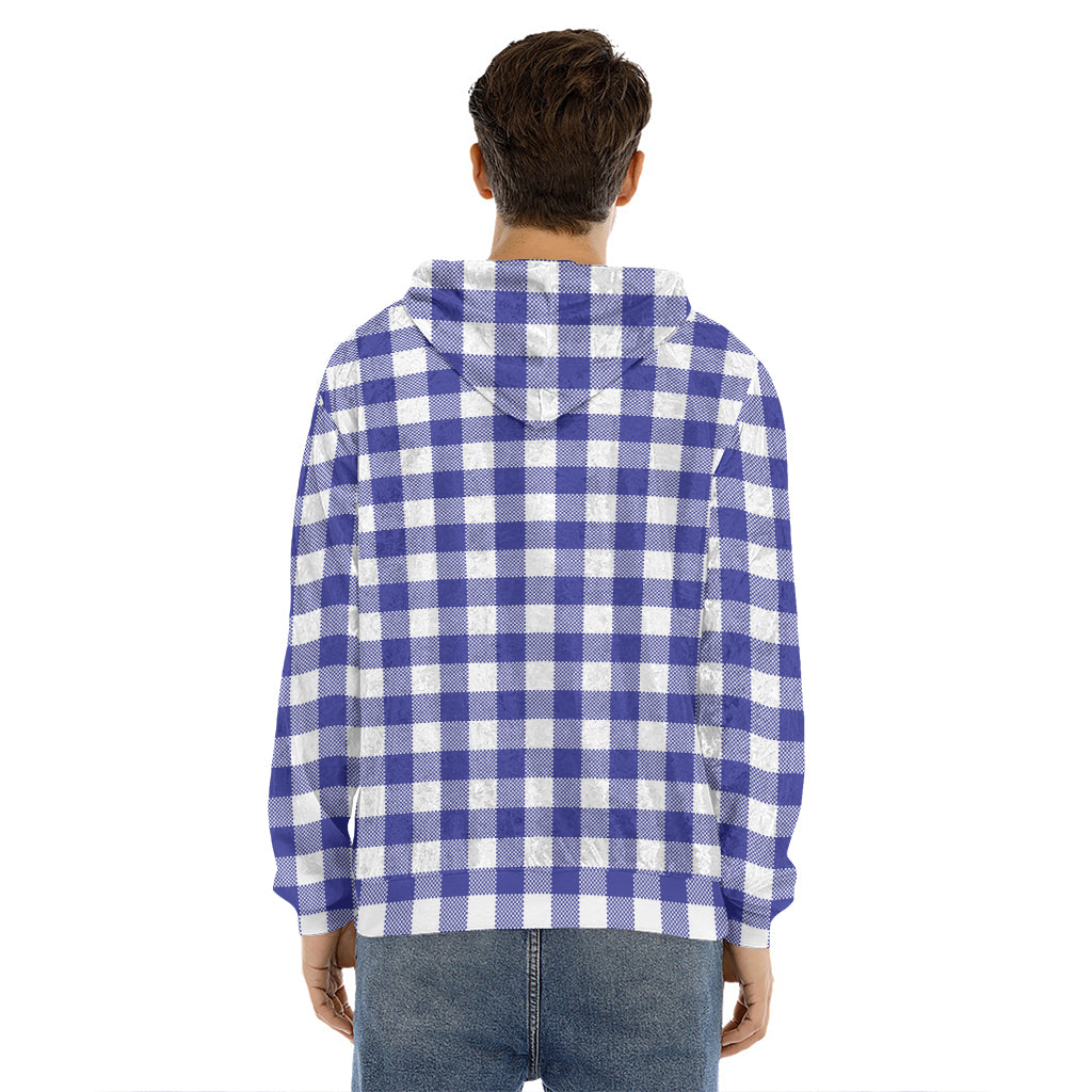 Indigo Blue And White Gingham Print Men's Velvet Pullover Hoodie