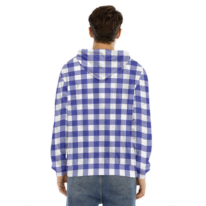 Indigo Blue And White Gingham Print Men's Velvet Pullover Hoodie