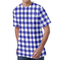 Indigo Blue And White Gingham Print Men's Velvet T-Shirt