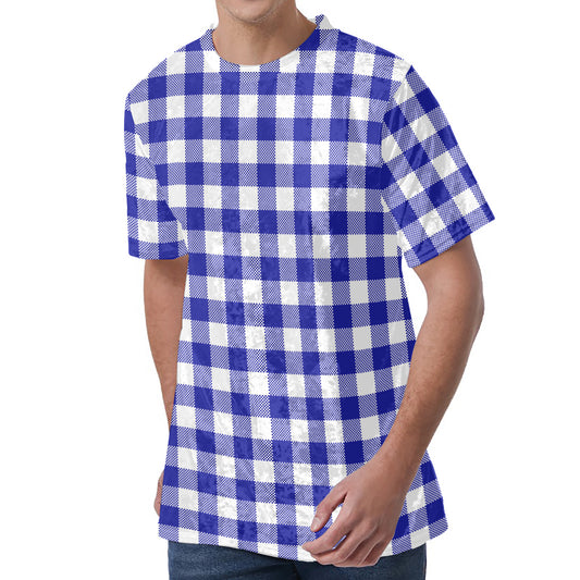 Indigo Blue And White Gingham Print Men's Velvet T-Shirt
