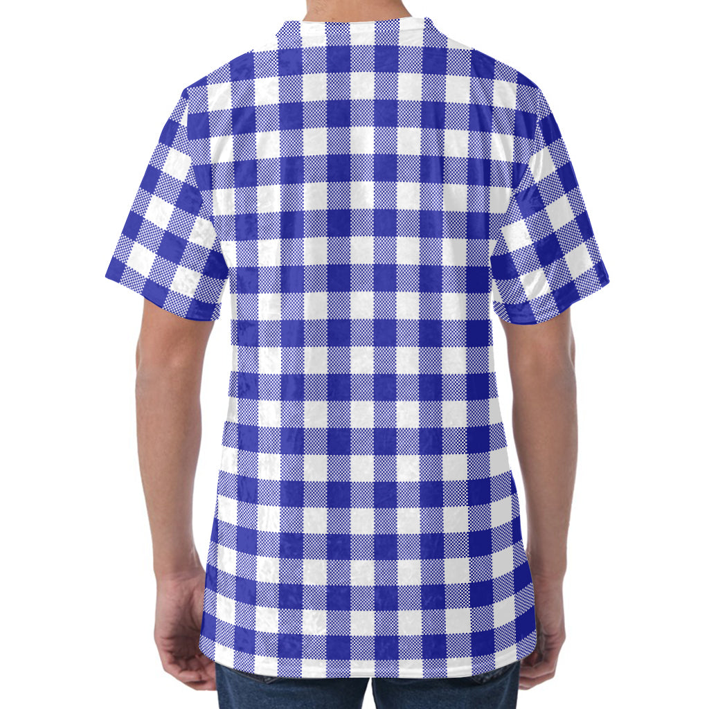 Indigo Blue And White Gingham Print Men's Velvet T-Shirt