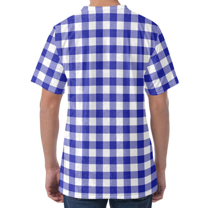 Indigo Blue And White Gingham Print Men's Velvet T-Shirt