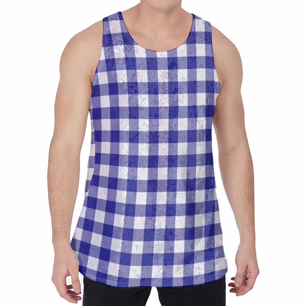 Indigo Blue And White Gingham Print Men's Velvet Tank Top