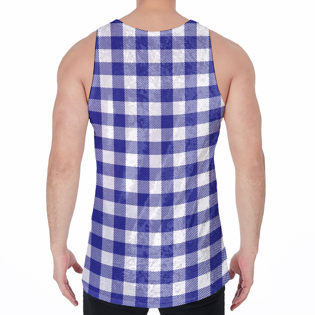 Indigo Blue And White Gingham Print Men's Velvet Tank Top
