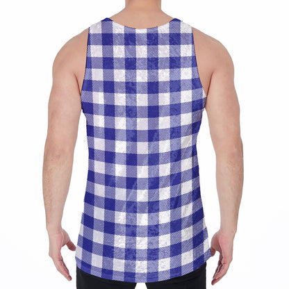 Indigo Blue And White Gingham Print Men's Velvet Tank Top