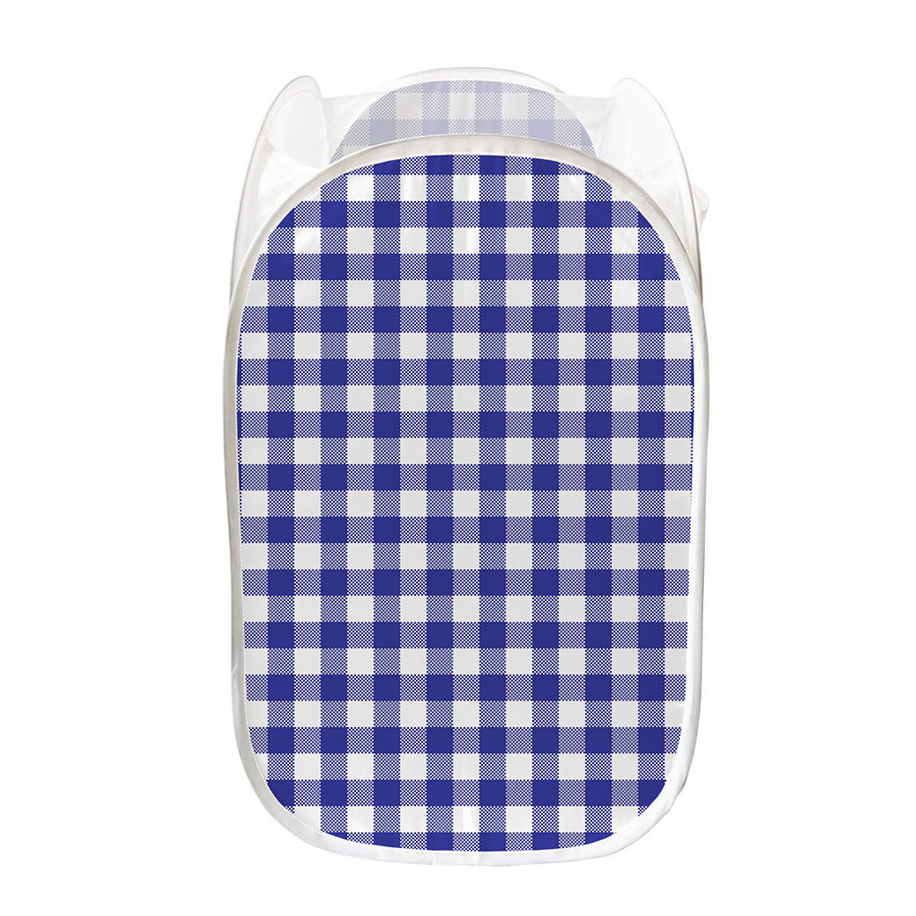 Indigo Blue And White Gingham Print Mesh Laundry Hamper