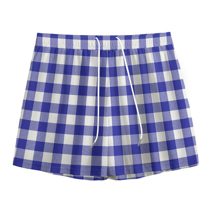 Indigo Blue And White Gingham Print Mesh Shorts