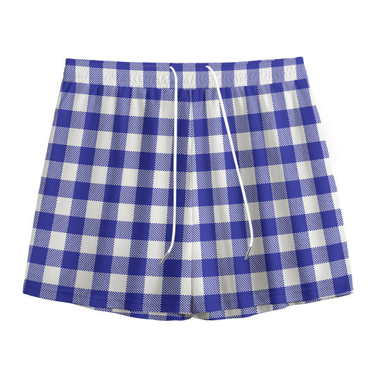 Indigo Blue And White Gingham Print Mesh Shorts