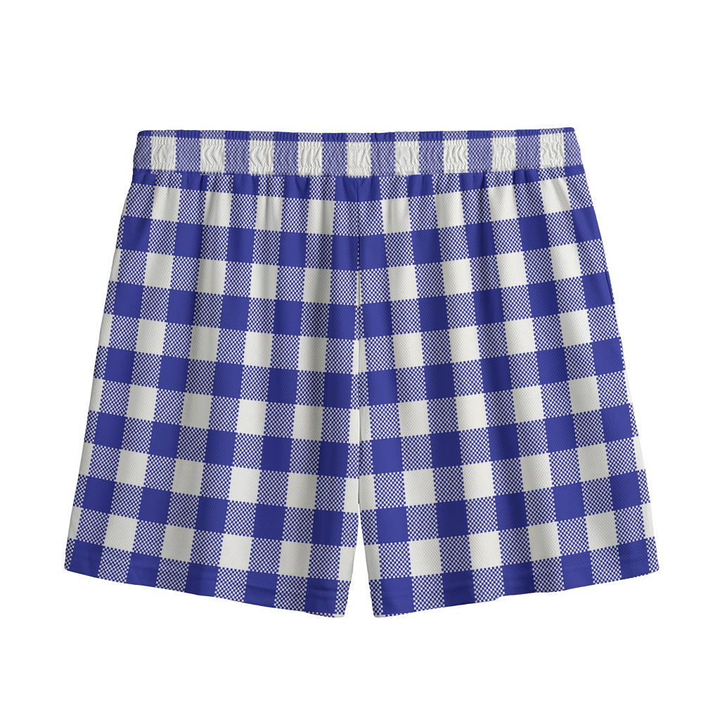 Indigo Blue And White Gingham Print Mesh Shorts