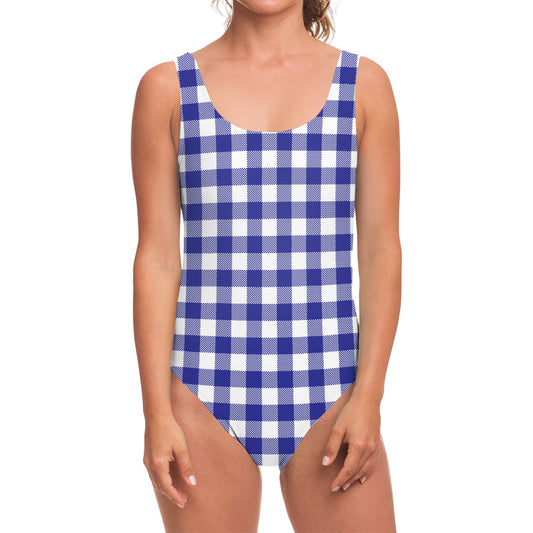 Indigo Blue And White Gingham Print One Piece Swimsuit
