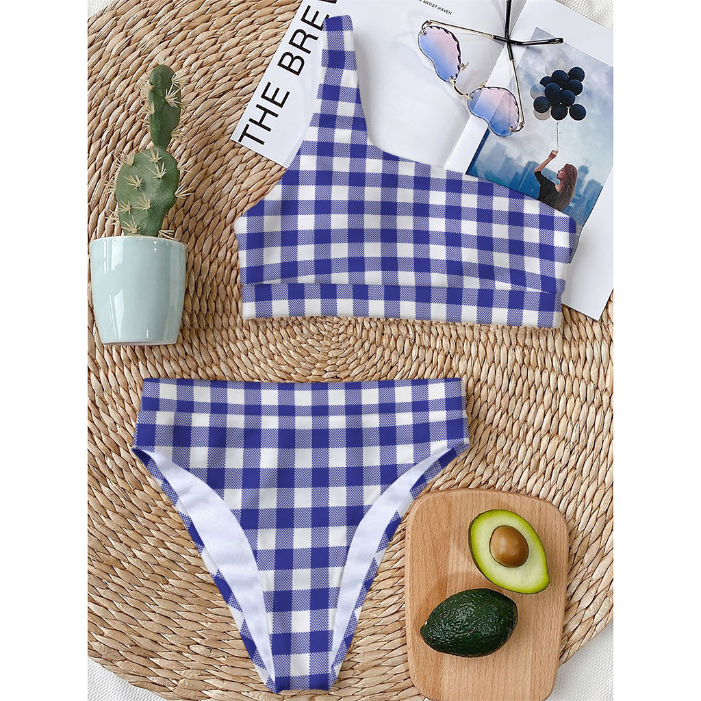 Indigo Blue And White Gingham Print One Shoulder Bikini Top