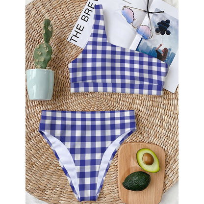 Indigo Blue And White Gingham Print One Shoulder Bikini Top
