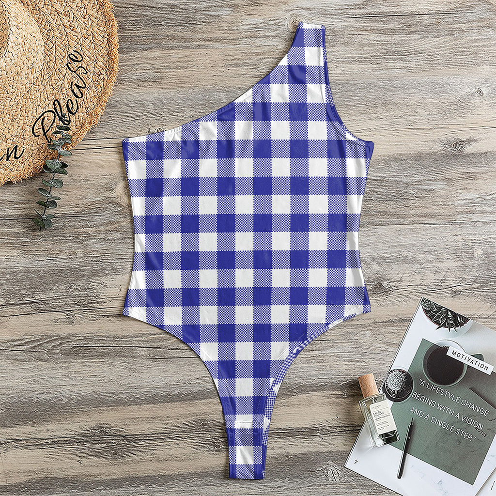 Indigo Blue And White Gingham Print One Shoulder Bodysuit