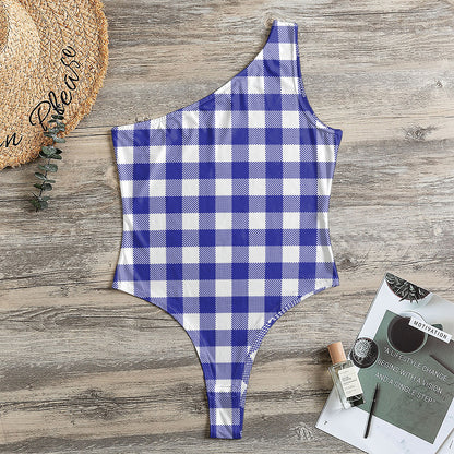 Indigo Blue And White Gingham Print One Shoulder Bodysuit