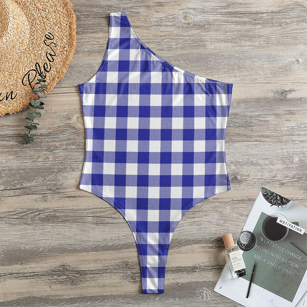 Indigo Blue And White Gingham Print One Shoulder Bodysuit