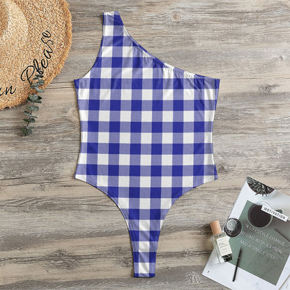 Indigo Blue And White Gingham Print One Shoulder Bodysuit