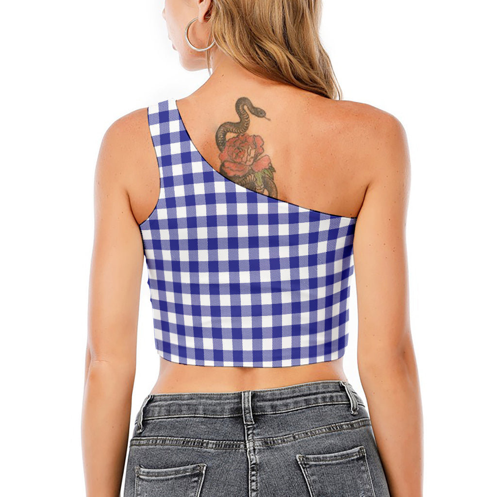 Indigo Blue And White Gingham Print One Shoulder Crop Top