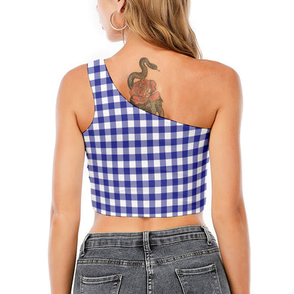 Indigo Blue And White Gingham Print One Shoulder Crop Top