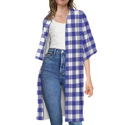 Indigo Blue And White Gingham Print Open Front Beach Cover Up