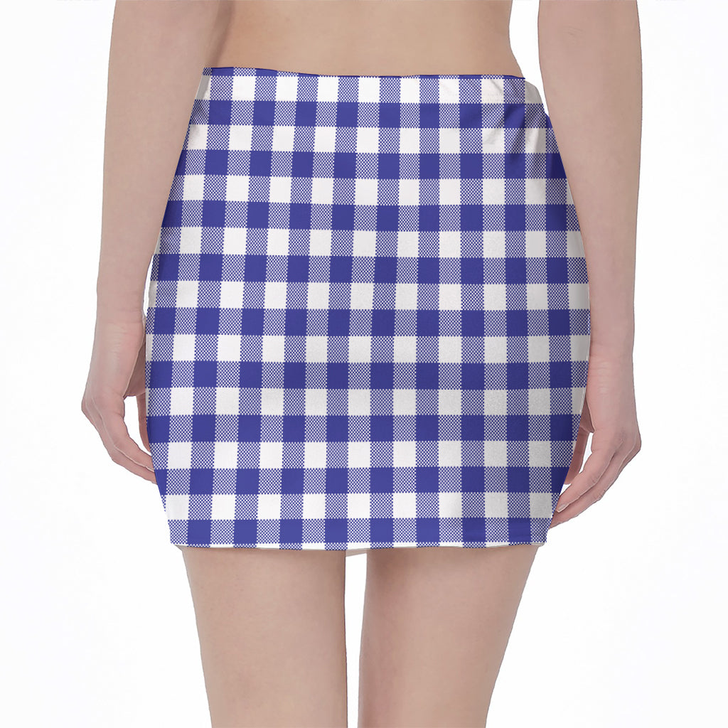 Indigo Blue And White Gingham Print Pencil Mini Skirt