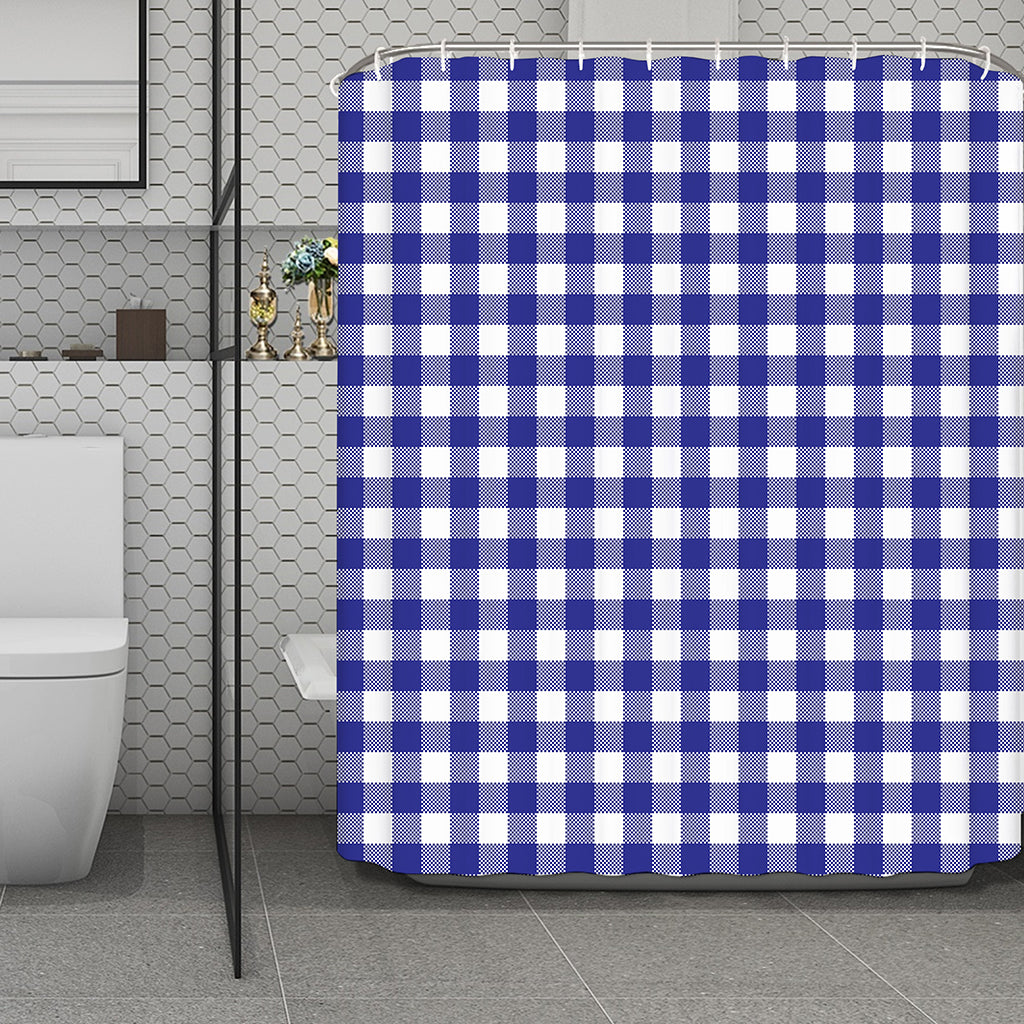 Indigo Blue And White Gingham Print Polyester Shower Curtain